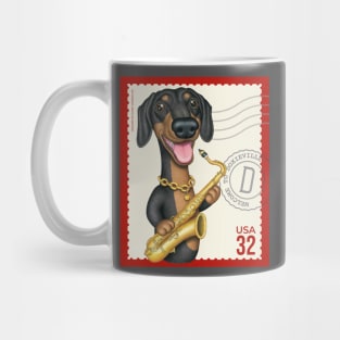 Funny Doxie playing Sax on vintage postage stamp Mug